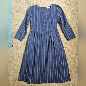 Polagram Linen-Look Navy A-Line Striped Midi Dress, Size Small
